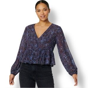 ARITZIA Wilfred Wistful Cropped Blouse Deep Vee Ruffle Hem Bubble Sleeves Sz S